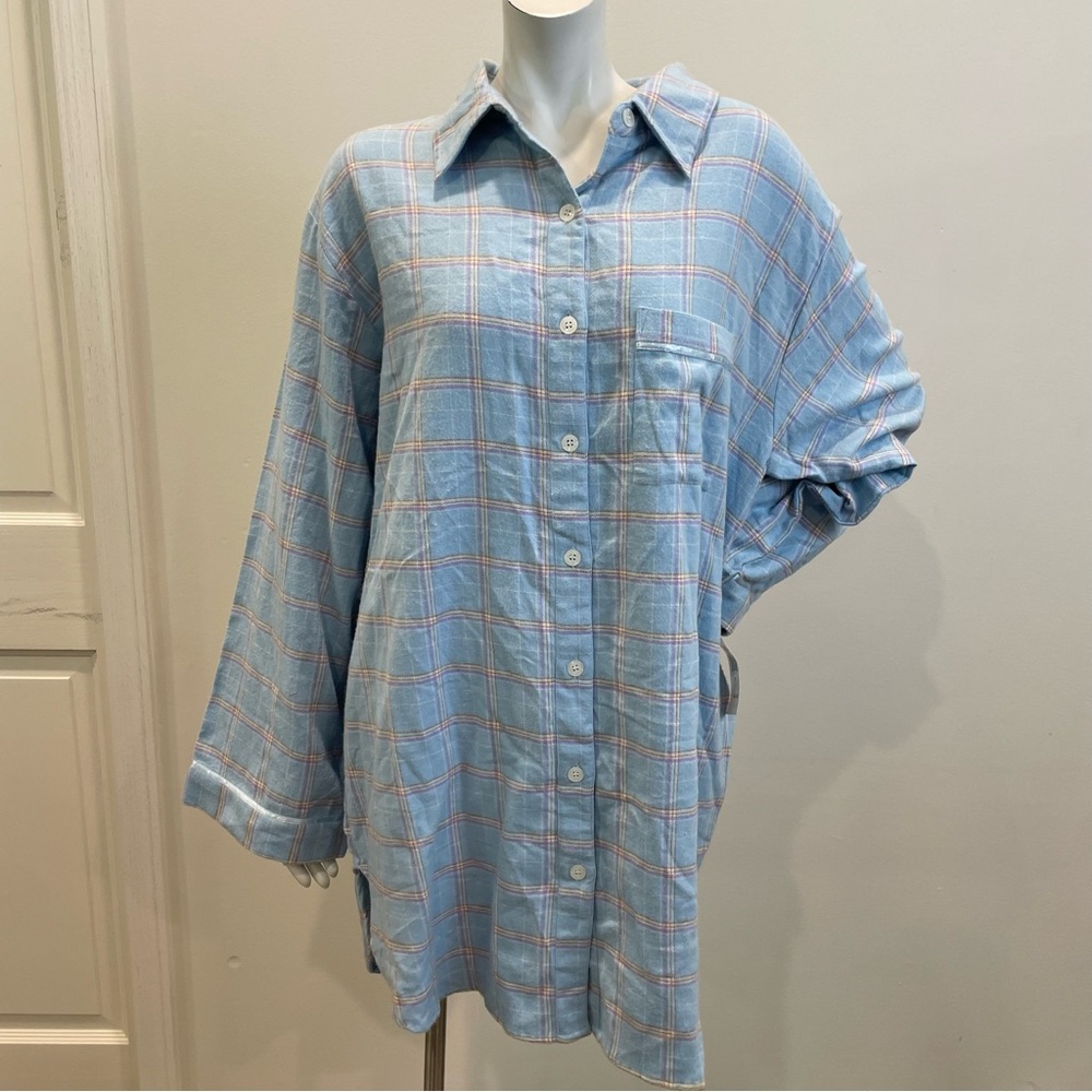 NWT PJ SALVAGE Light Blue Plaid Flannel Oversized Nigh Shirt Nigh Gown